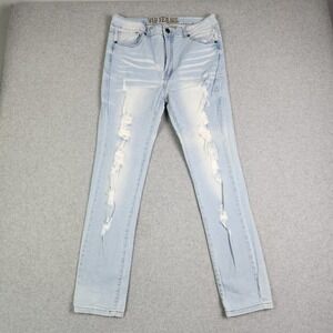 VIP Jeans Skinny Womens 13/14 Blue Denim Whiskered Distressed Stretch Streetwear